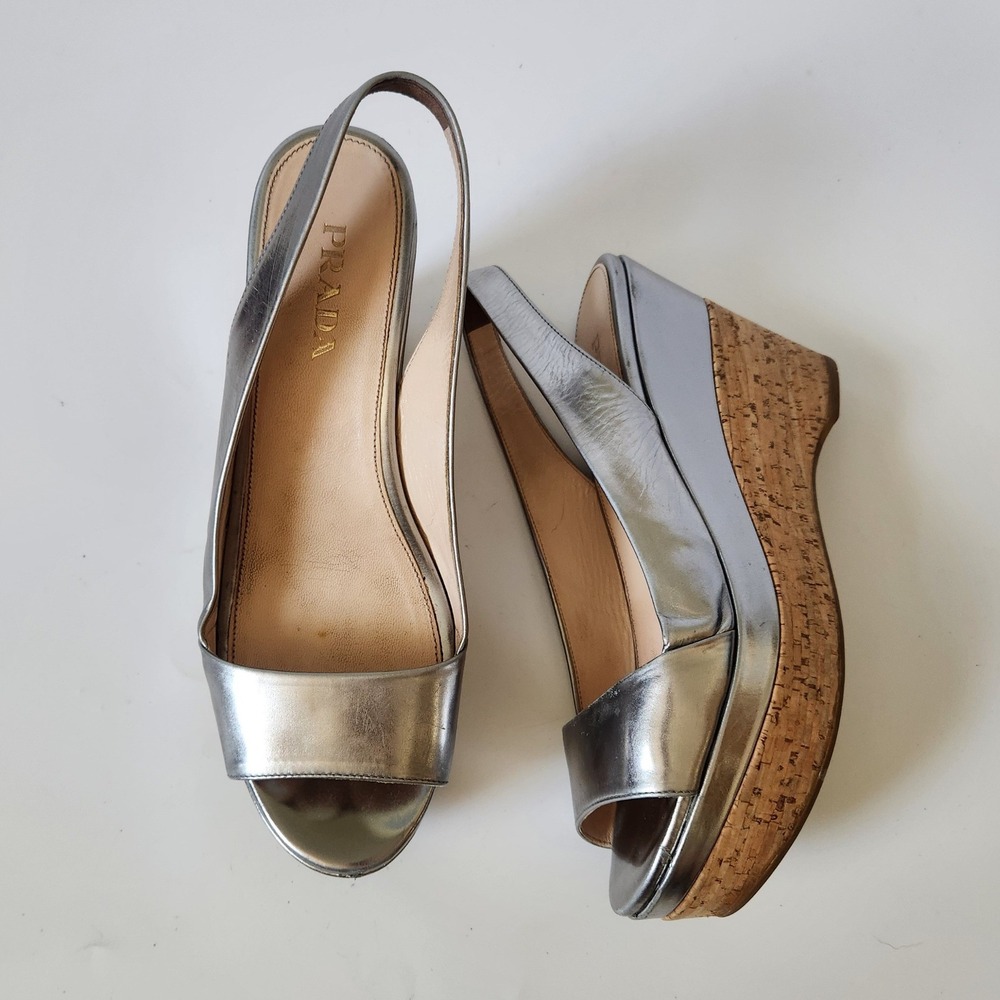 Prada Vernice Open Toe Cork Platform Wedge Heel Sandals 7.5 Silver Metallic